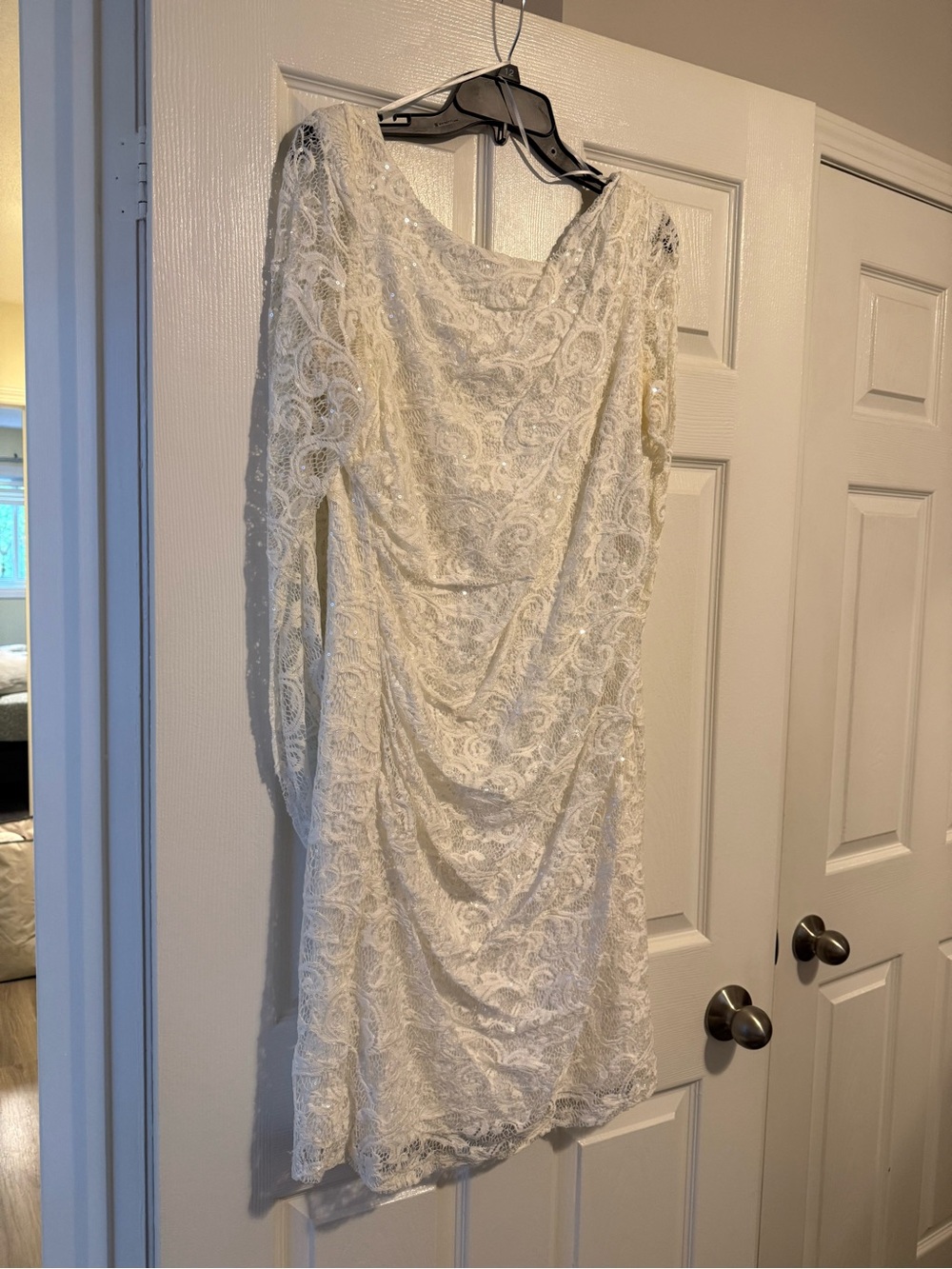 Long-Sleeve Lace Draped Dress in Ivory